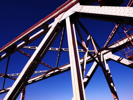 The bridge on the river Sava. Part of the construction of the metal iron bridge. Modern technological beams.