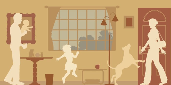Editable vector silhouettes of a woman welcomed home by husband, children and dog