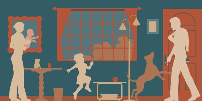 Editable vector silhouettes of a man welcomed home by wife, children and dog with all figures as separate objects