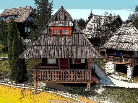 Log village farmhouse. 19th century Bosnian mountain traditional dwelling. Restored ethno building, implements of agricultural labor