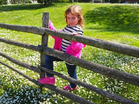 Stanisici, Bijelina, Bosnia and Herzegovina, April 25, 2021. A 7-year-old girl in a pink sweater, jeans and a striped blouse stands near a wooden rural fence and smiles. Meadow with wildflowers.