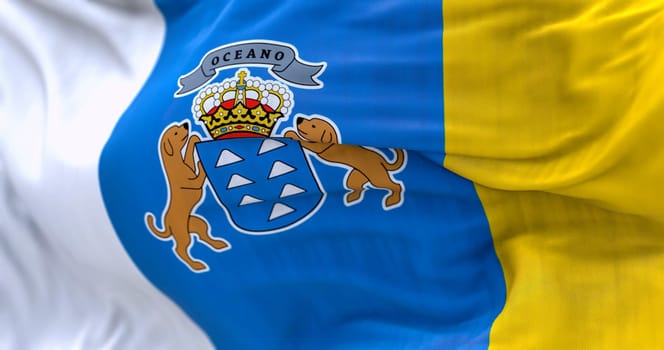 Detail of Canary Islands flag waving in the wind. the Canaries are a Spanish autonomous community. 3d illustration render. Selective focus. Close-up. Rippled textile