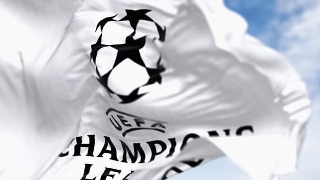 Istanbul TR, Jan 2023: UEFA Champions league flag waving. European football competition. Close-up. Rippled fabric. Textured background. Selective focus. Illustrative editorial 3d illustration render