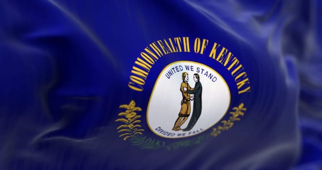 The US state flag of Kentucky waving. Two men embracing, motto "United We Stand, Divided We Fall"" above. Rippled textile background. 3d illustration render. Selective focus. Close-up"