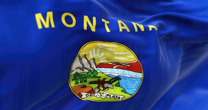 Close-up of Montana state flag waving. Blue flag with coat of arms in the center. 3d illustration render. Close-up. Textured fabric background. Selective focus