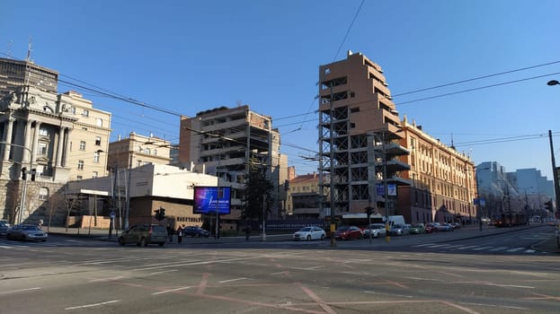 Belgrade,Serbia - January 24, 2020: Former building of the Ministry of Defense of Yugoslavia in Belgrade, heavily damaged during the bombing during the Allied Force operation conducted by NATO forces.