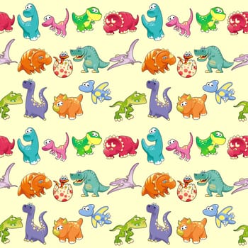 Group of funny dinosaurs with background. The sides repeat seamlessly for a possible packaging or graphic