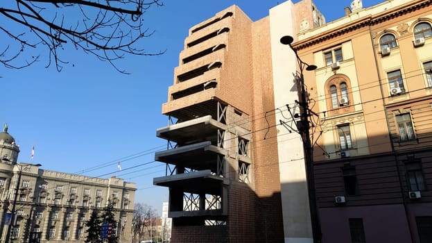 Belgrade,Serbia - January 24, 2020: Former building of the Ministry of Defense of Yugoslavia in Belgrade, heavily damaged during the bombing during the Allied Force operation conducted by NATO forces.