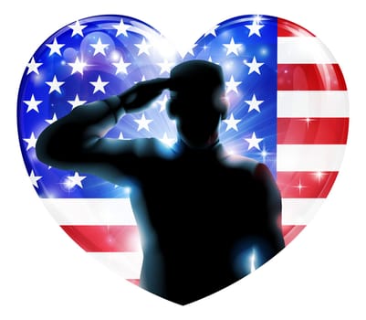Illustration for 4th July Independence Day or veterans day of a soldier saluting in front of American flag shaped as a heart