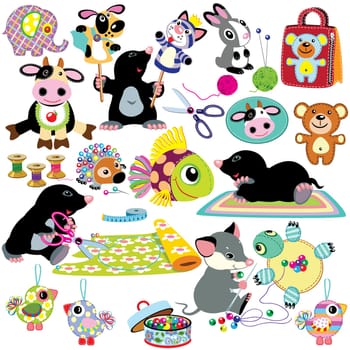 set with cartoon mole and mouse sewing toys, handmade crafts for babies and little kids