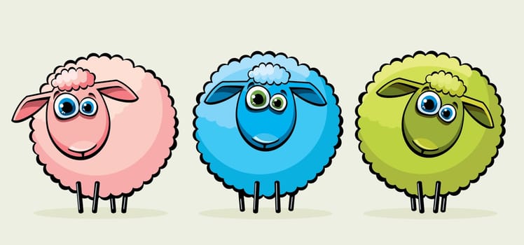 Three cartoon funny sheeps with big blue eyes.