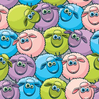 Seamless pattern with cartoon funny sheeps. Childish vector wallpaper.