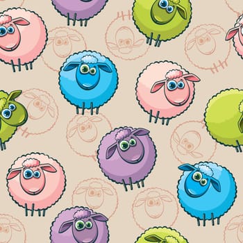 Cartoon seamless pattern with funny sheeps. Vector wallpaper.