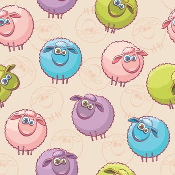 Seamless pattern with cartoon funny sheeps. Childish vector wallpaper.