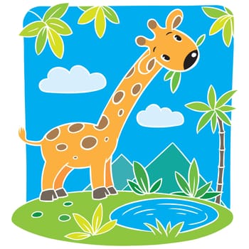 Funny giraffe eat green leafs. Children vector illustration.