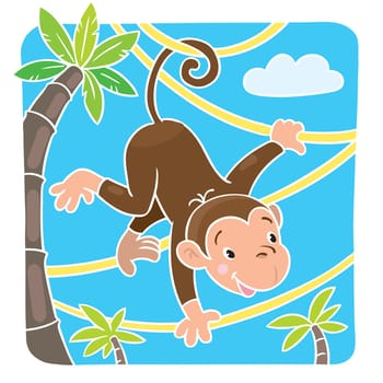 Vector cartoon character of little funny monkey on lians near the palm. Children illustration