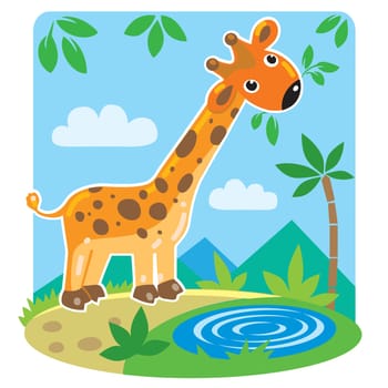 Funny giraffe eat green leafs. Children illustration