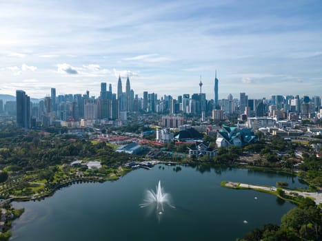 Aerial view natural Titiwangsa Lake with background of KL skyscraper