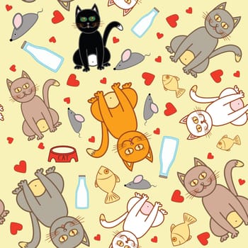 funny cat seamless pattern on yellow background