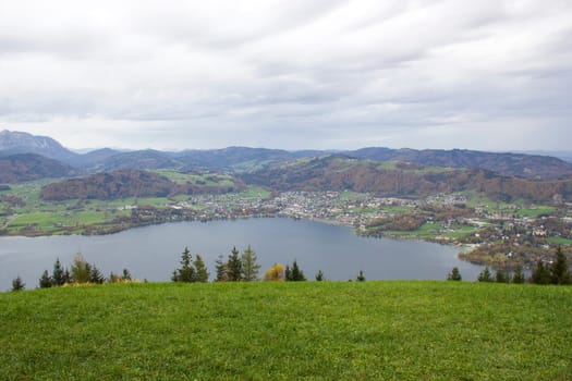 Lake Traunsee seen from Gmundnerberg, Salzkammergut, Upper Austria, Austria