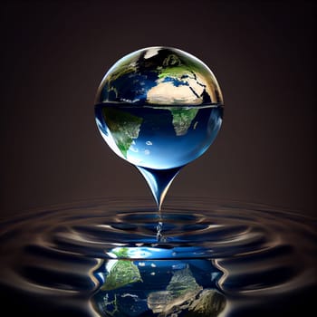 Water drop with planet earth inside, environment issue, scarcity of sustainable eco friendly resources, world water day, generative AI