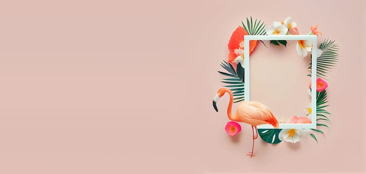 Tropical background with flamingo and palm tree leaves, summer vacation, generative AI
