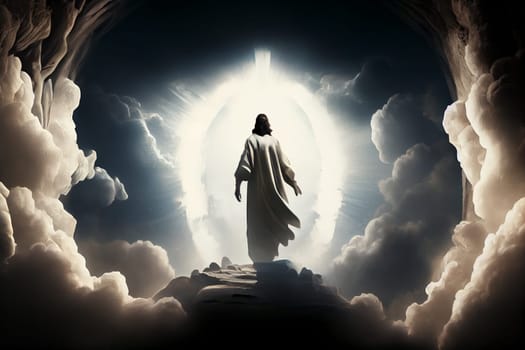 Resurrection of Jesus Christ in heaven surrounded by light, bible story, religion and faith of christianity, generative AI