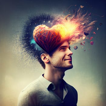 Brain of young man with heart splash, love and passion, self esteem and mental health care concept, positive thinking, creative mind, generative AI