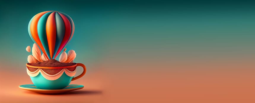 Cup of coffee with a hot air balloon and steam clouds, hot drink in the morning, take a break and dream of a journey, generative AI