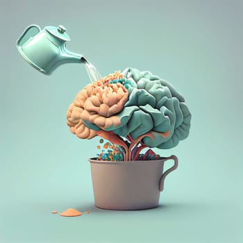 Human brain growing from a tree, watering can is pouring water on the mind, mental health concept, positive attitude, creative thinking, generative AI
