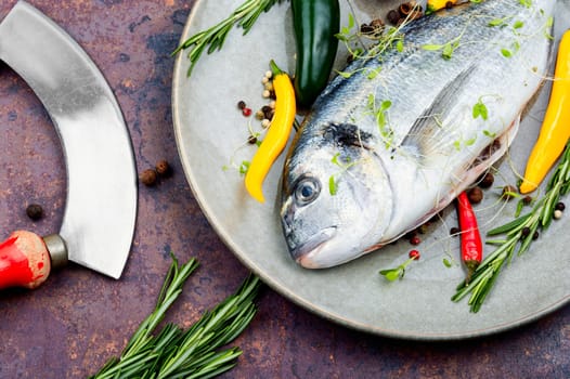 Uncooked dorado fish with ingredients for cooking. Top view