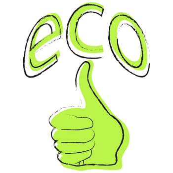 Hand with thumb up and inscription eco. Symbol, icon of ecology. Ecology concept. Vector image.