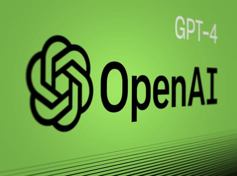 San Francisco, US, March 2022: OpenAI logo and GPT-4 on a green background. OpenAI is an AI research institute. GPT-4 is its latest language generation model. Illustrative editorial