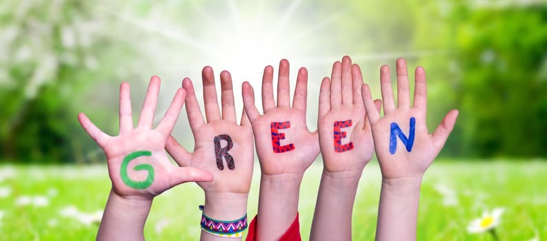 Children Hands Building Colorful English Word Green. Sunny Green Grass Meadow As Background.