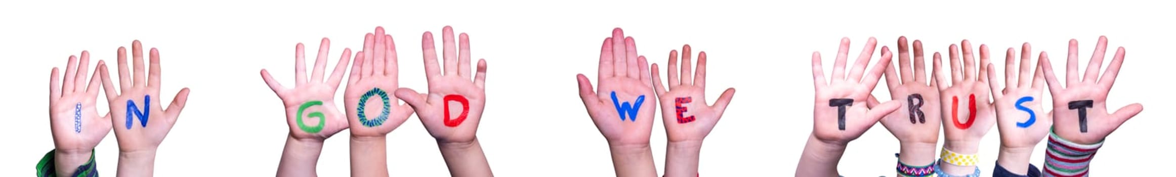 Children Hands Building Colorful English Word In God We Trust. Isolated White Background.