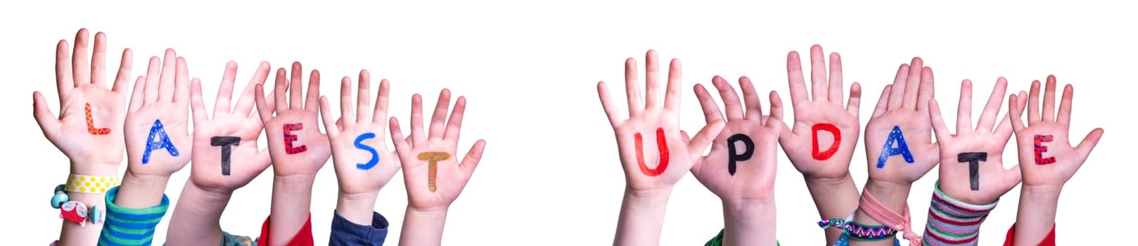 Children Hands Building Colorful English Word Latest Update. Isolated White Background.