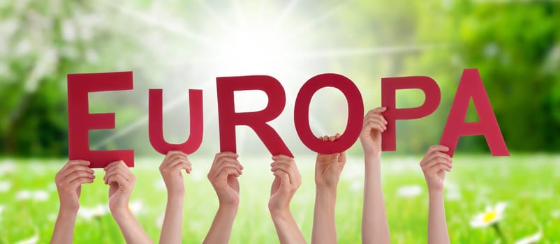 People Or Persons Hands Building German Word Europa Means Europe. Sunny Green Grass Meadow As Background.