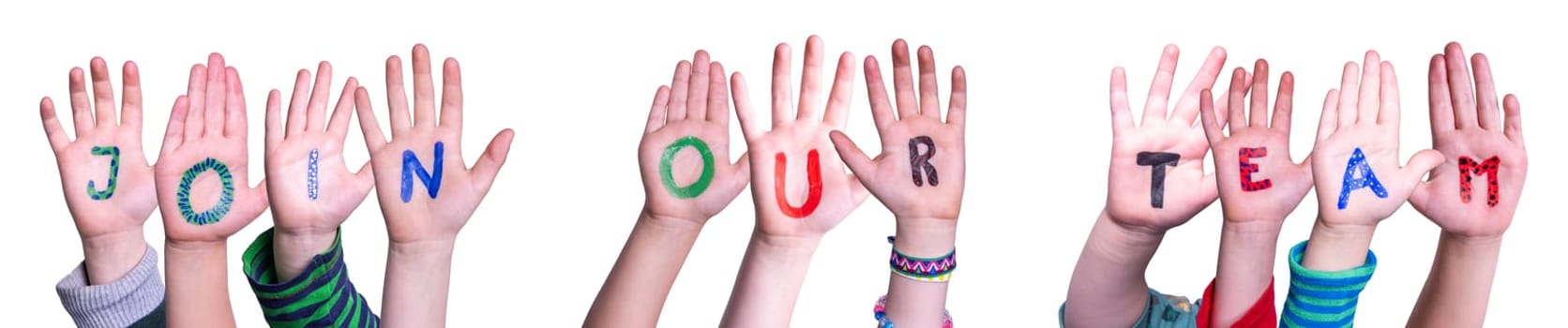 Children Hands Building Colorful English Word Join Our Team. Isolated White Background.