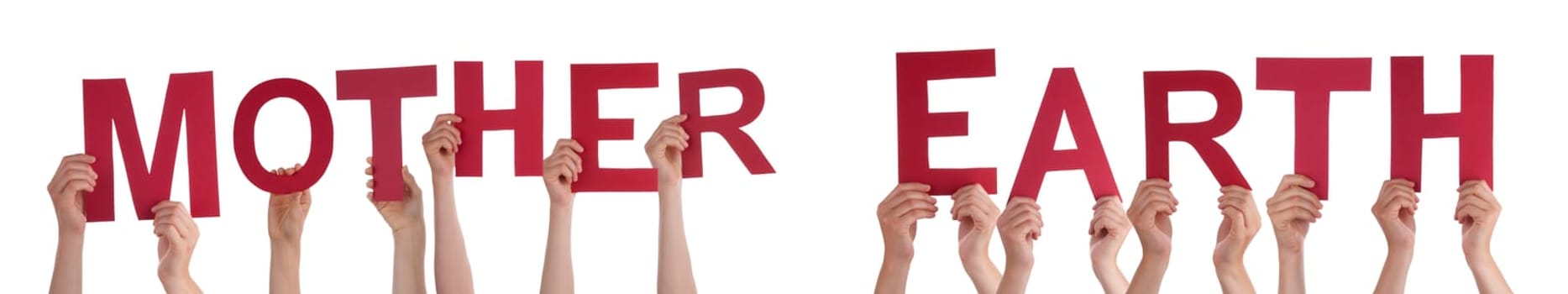 People Or Persons Hands Building English Word Mother Earth. Isolated White Background.