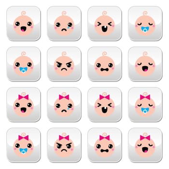 Vector buttons set of happy, sad, crying babies isolated on white