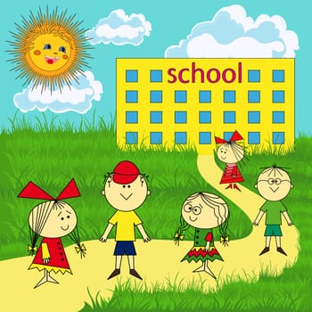 Small group of children near the school on a sunny day, hand drawing vector illustration