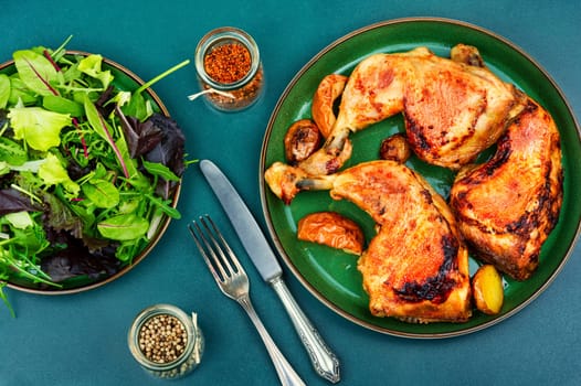 Tasty barbecue chicken meat. Fried chicken legs quarters