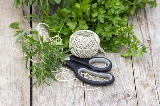 Freshly harvested herbs with scissors and string on wooden background