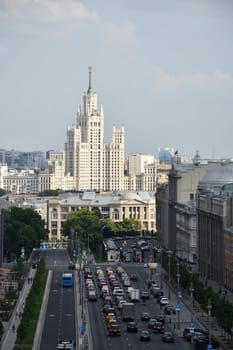 Vertical shot of a huge skyscraper - one of Moscow's Seven Sisters buildings, Russia