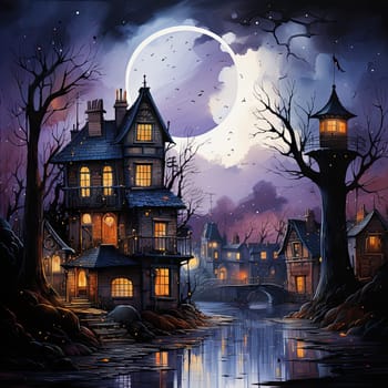 Colorful image of a large castle at night in the light of the moon. High quality photo