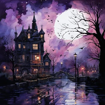 Colorful image of a large castle at night in the light of the moon. High quality photo