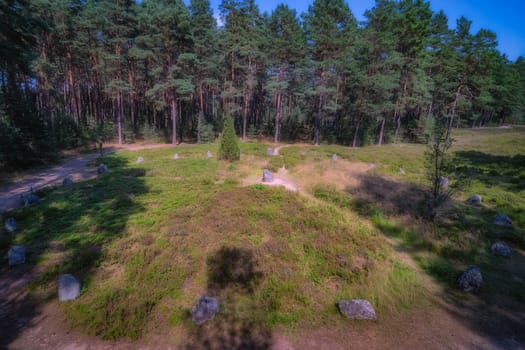 Top view on Stone Circles at Odry, an ancient burial and worship place. UNESCO Archaeological and Natural Reserve, Pomerania, Poland