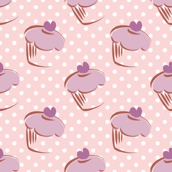 Seamless vector lavender pattern or tile background with white polka dots and big hand drawn cupcakes silhouettes, muffin sweet cake and violet heart on top. Texture with sweets for desktop wallpaper.