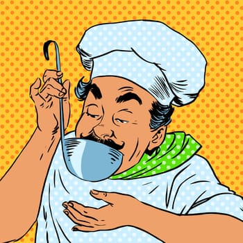 The chef tastes the food in the kitchen. Adult male professional prepares the dish. Tastes a sauce or soup ladle