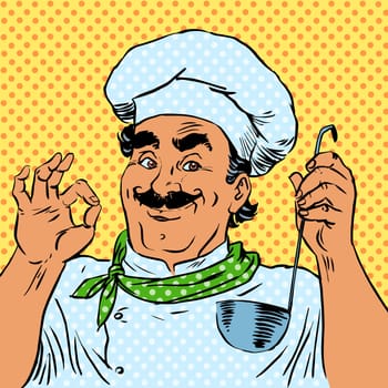 The cook in the kitchen, the taste of food quality of a restaurant chef. The man smiles professional